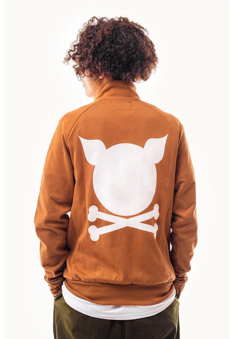 Bluza de trening unisex cu imprimeu logo si fermoar Crooked, Alb/Caramel