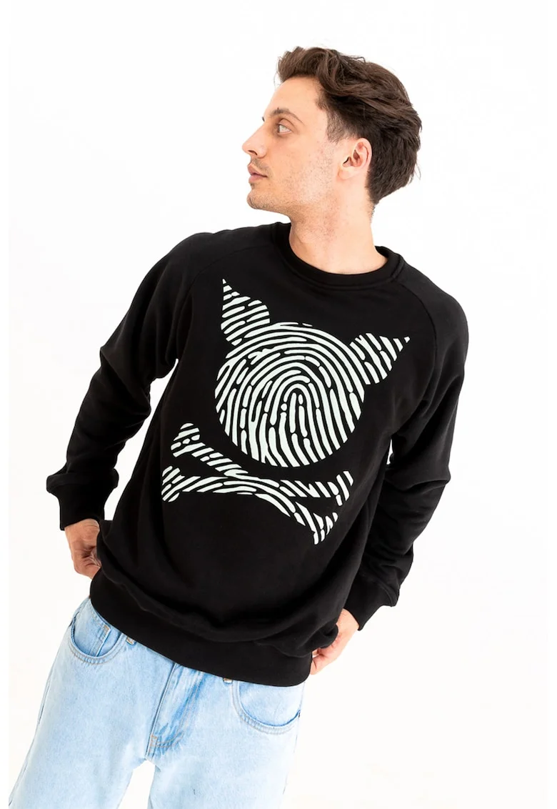Bluza sport unisex cu maneci raglan si imprimeu logo, Negru