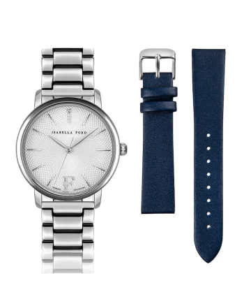 Set de ceas quartz si curea intersanjabila din piele, Argintiu/Bleumarin