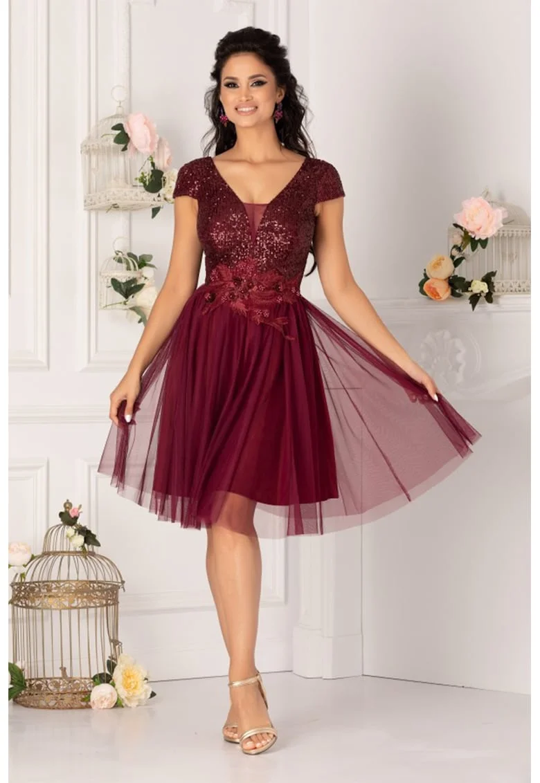 Rochie scurta evazata cu paiete, Visiniu