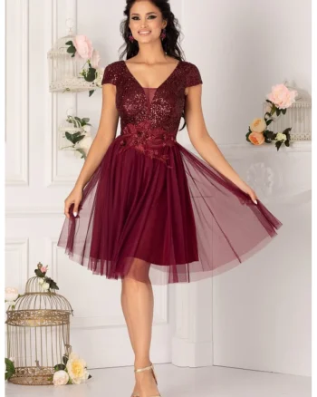 Rochie scurta evazata cu paiete, Visiniu