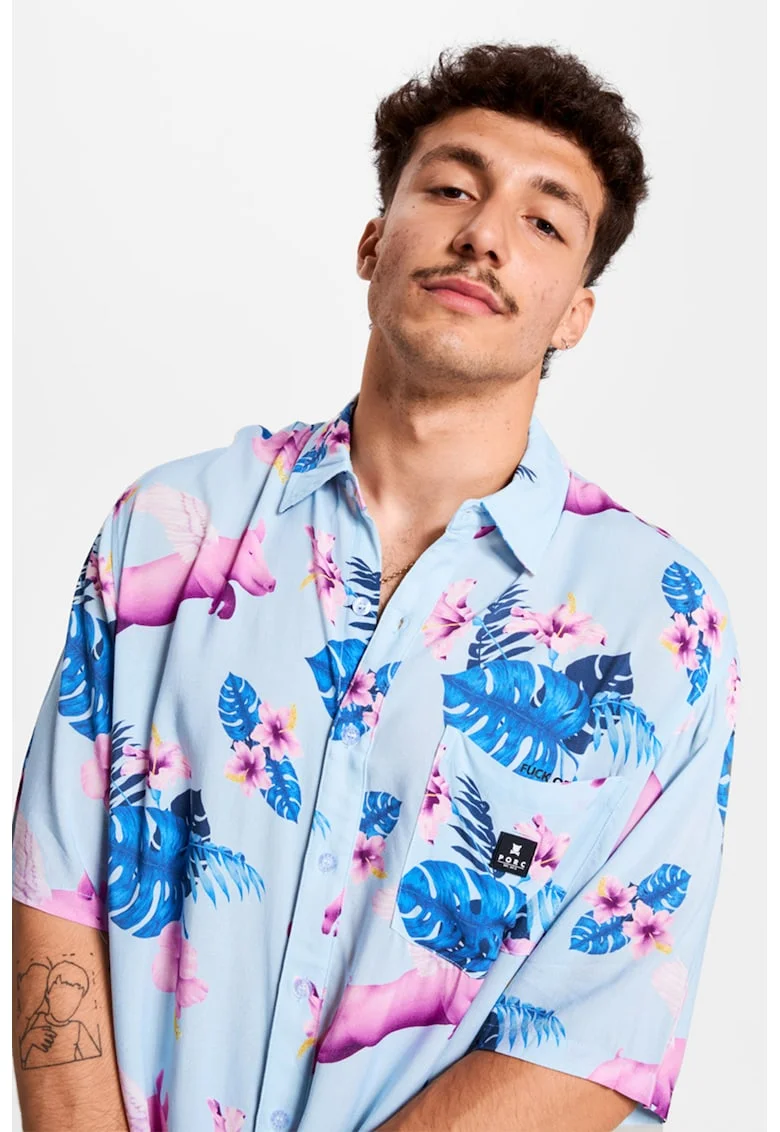 Camasa unisex cu imprimeu floral si buzunar pe piept, Albastru royal/Albastru pal/Lila