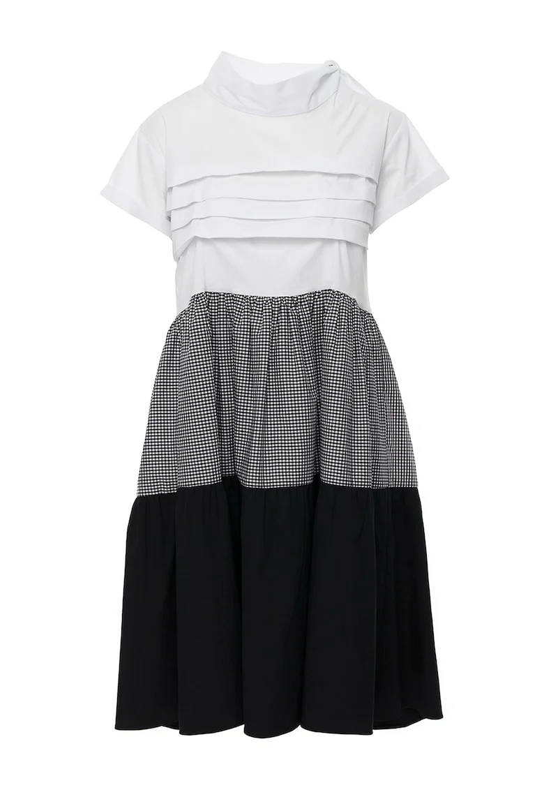 Rochie evazata cu pliuri, Alb/Negru