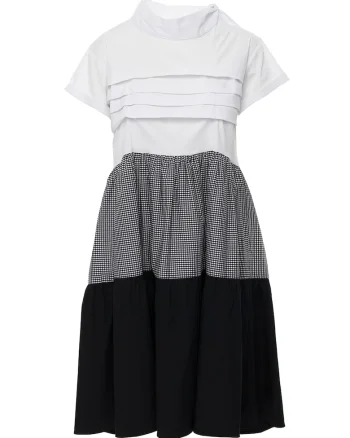 Rochie evazata cu pliuri, Alb/Negru