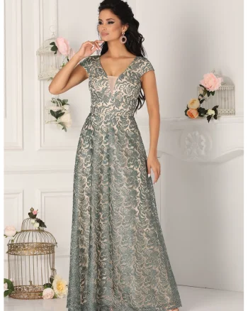 Rochie cu croiala A si strat exterior de dantela, Verde/Alb fildes
