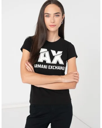 Tricou slim fit cu logo si strasuri, Alb/Negru