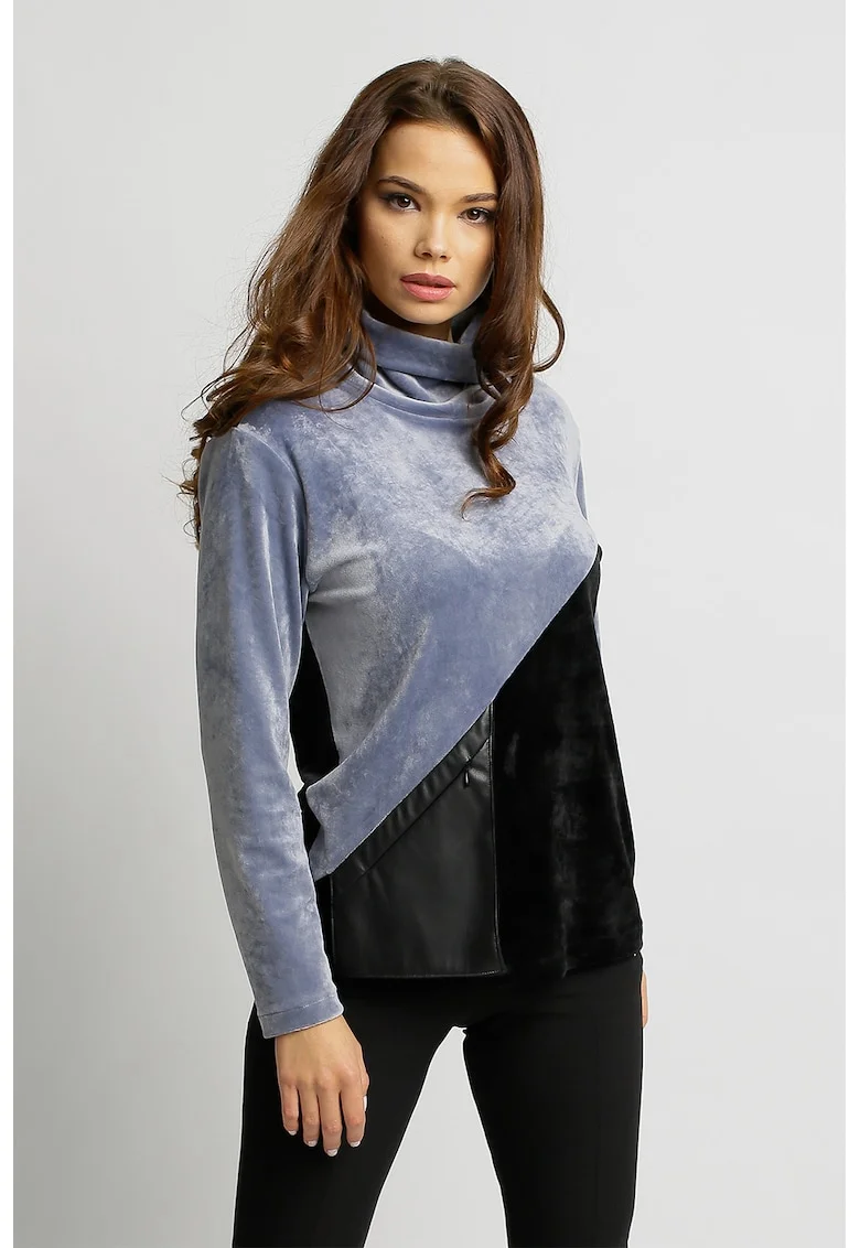 Bluza cu aspect de catifea si insertie din piele ecologica, Negru/Gri carbune