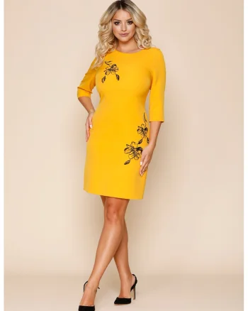 Rochie mini cu broderie florala, Galben