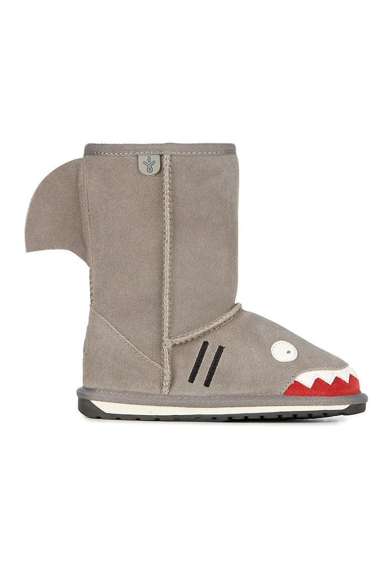 Cizme medii de piele intoarsa, fara inchidere, cu captuseala din lana merinos Shark, Maro taupe deschis