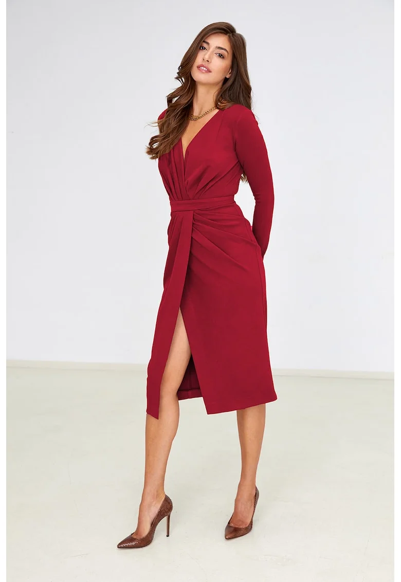 Rochie midi cu model petrecut, Rosu vermillion