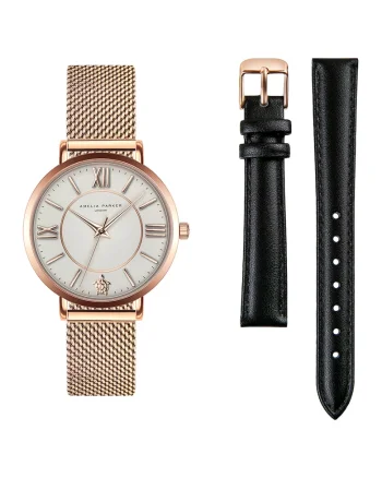 Ceas quartz cu set de curele intersanjabile, Auriu rose/Negru