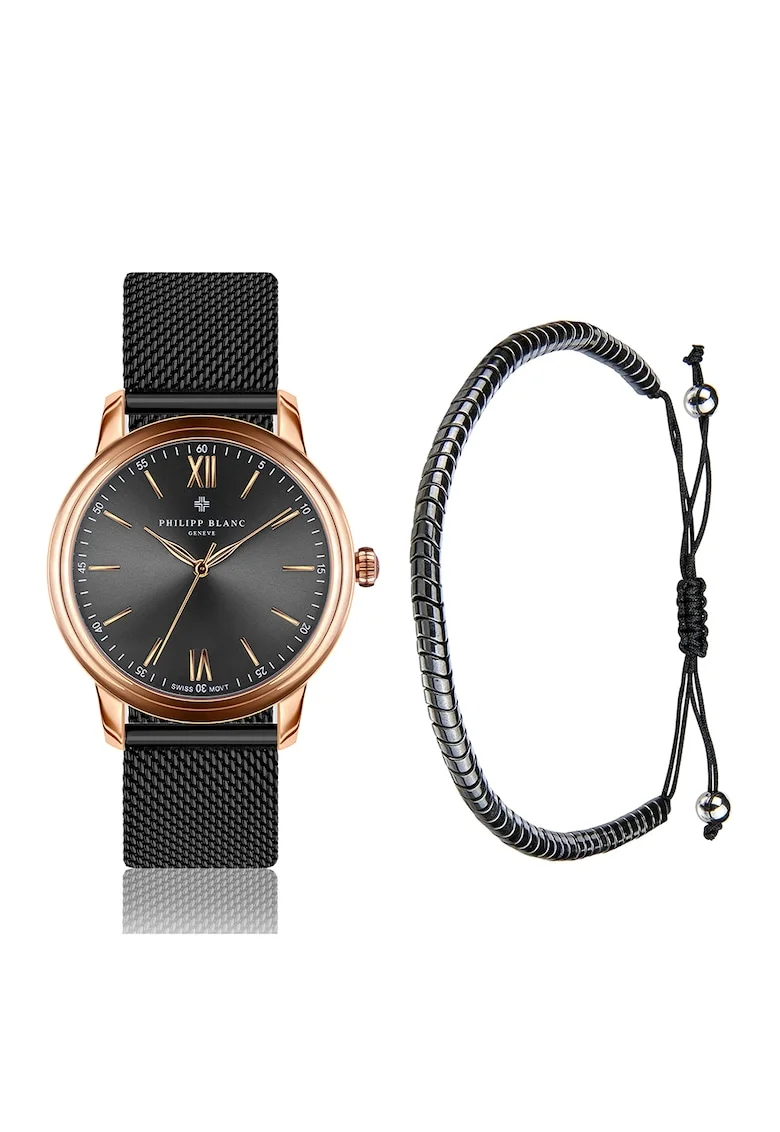 Set de ceas analog si bratara, Negru/Auriu rose