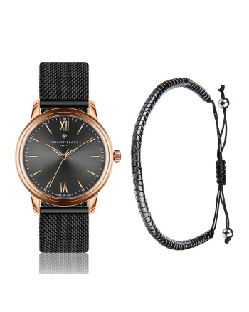 Set de ceas analog si bratara, Negru/Auriu rose