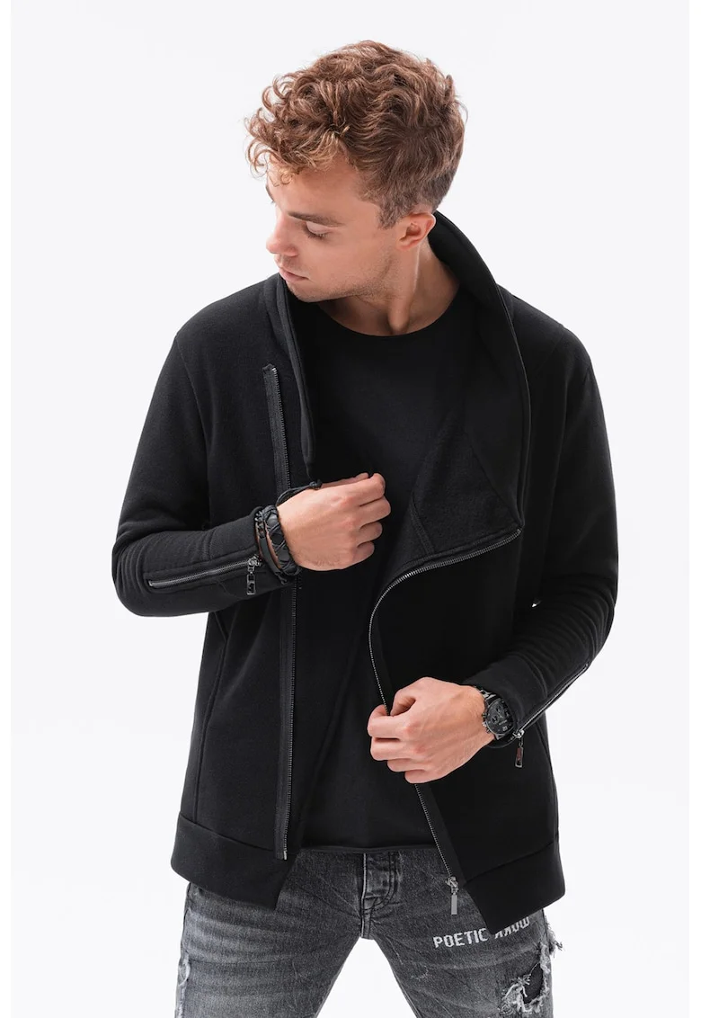 Bluza de trening cu guler inalt si fermoar, Negru