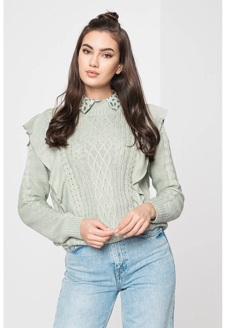 Pulover cu torsade si volane, Verde pal