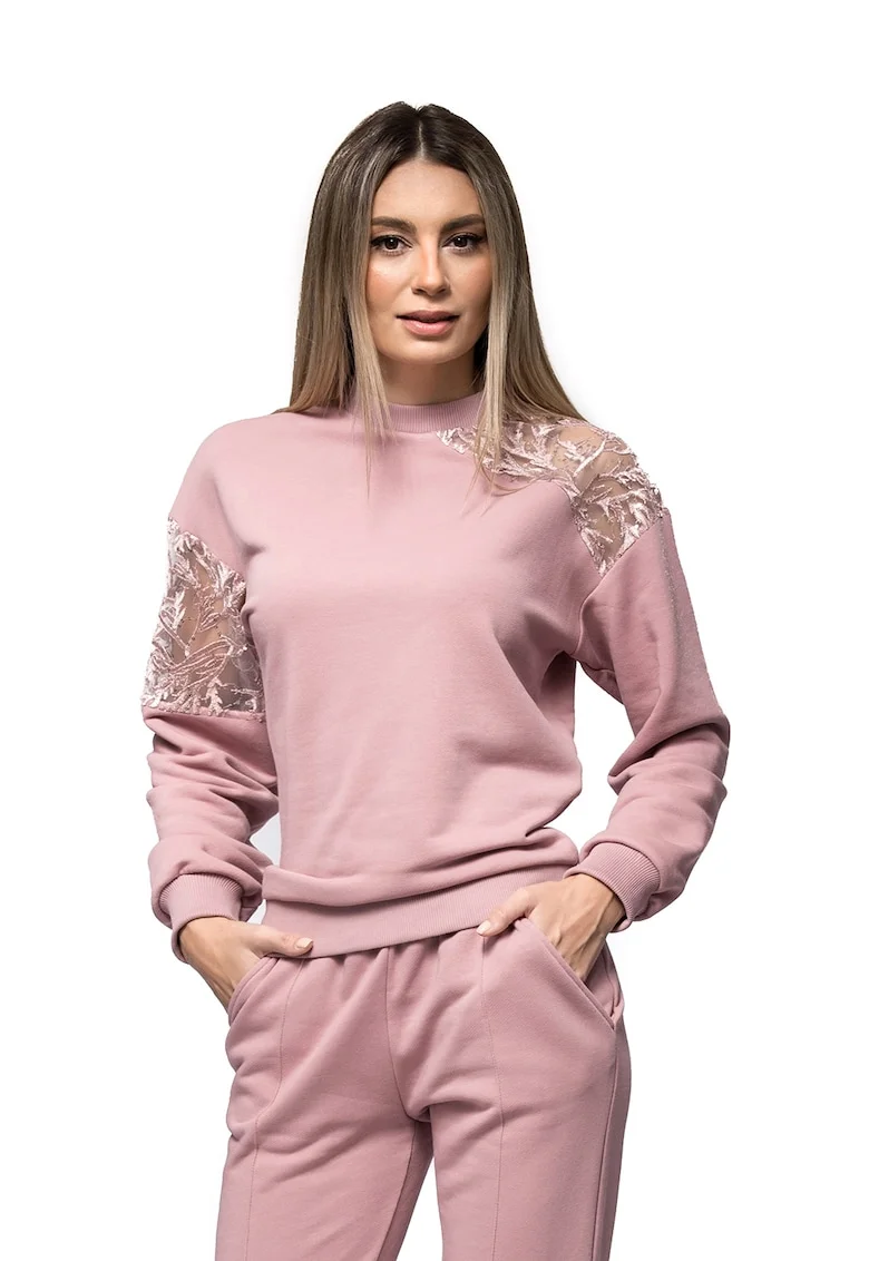 Bluza sport cu detalii brodate si dantela Tania, Roz