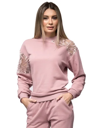 Bluza sport cu detalii brodate si dantela Tania, Roz