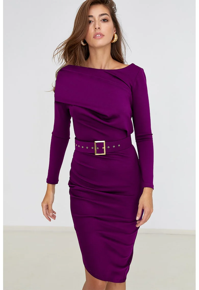 Rochie midi cu o curea asortata, Violet tyrian