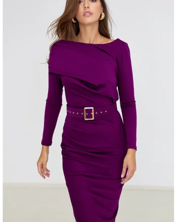 Rochie midi cu o curea asortata, Violet tyrian