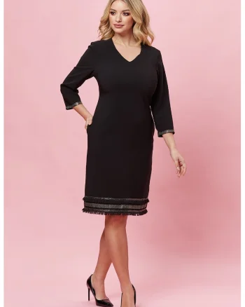 Rochie cu decolteu in V si margini franjurate, Negru