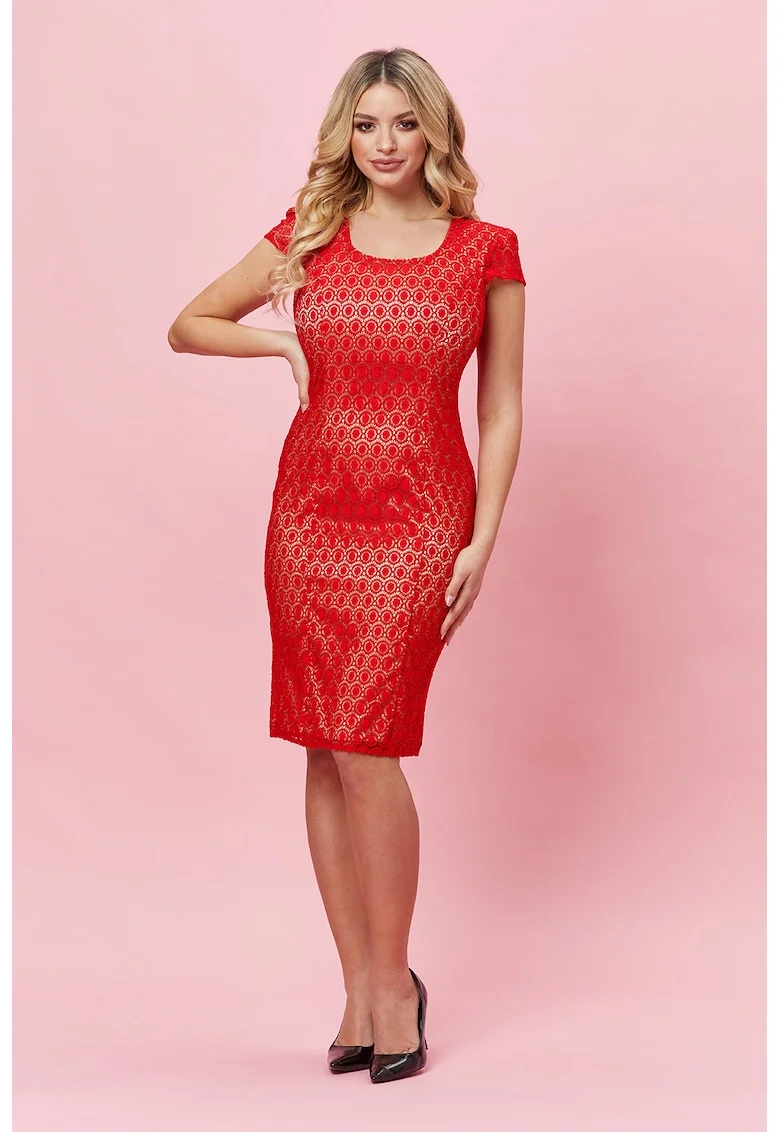 Rochie midi cu decolteu rotund, Rosu