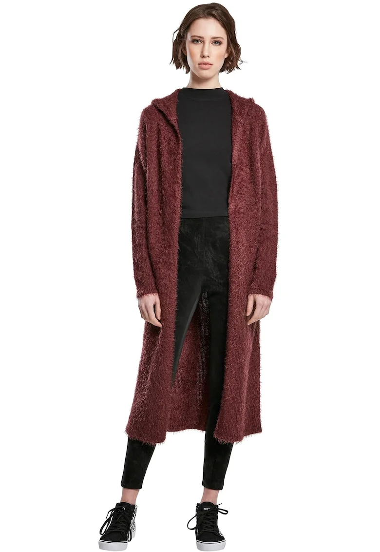 Cardigan lung cu gluga, fara inchidere, Maro cognac