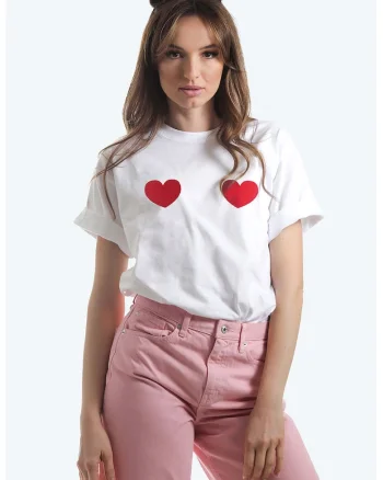 Tricou cu decolteu la baza gatului si imprimeu cu inimi, Rosu/Alb