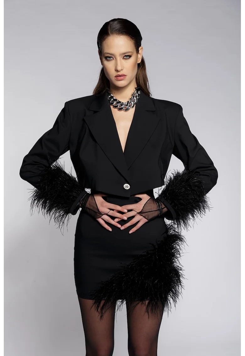 Sacou crop cu pene Cosmo, Negru