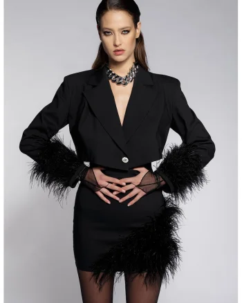 Sacou crop cu pene Cosmo, Negru