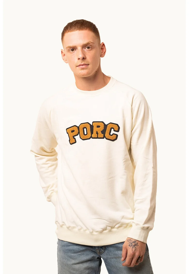 Bluza de trening cu model unisex si logo brodat Savage, Alb fildes