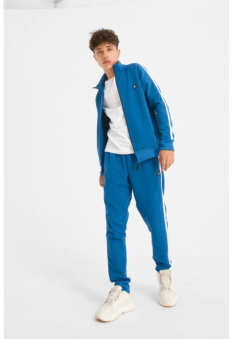 Bluza de trening unisex cu imprimeu logo si fermoar Crooked, Alb/Albastru