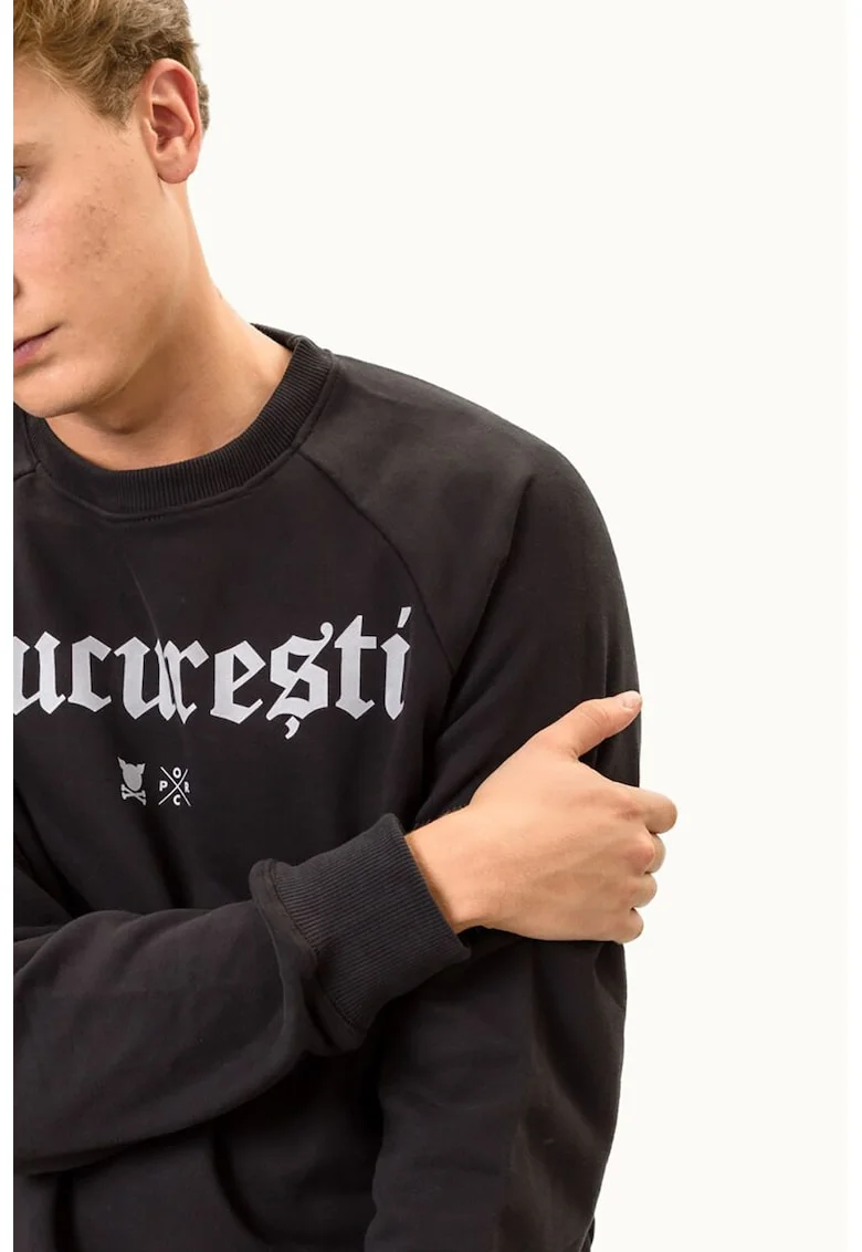 Bluza de trening unisex cu decolteu la baza gatului si imprimeu, Alb/Negru