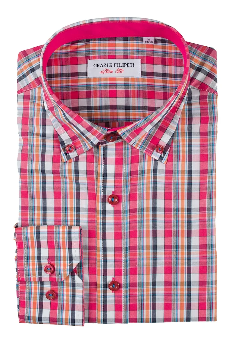 Camasa slim fit cu model in carouri, Portocaliu/Roz aprins/Bleumarin