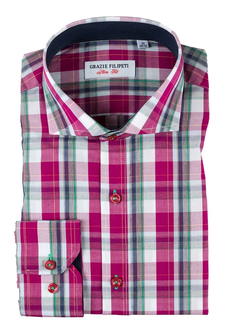 Camasa slim fit cu model in carouri, Verde/Roz zmeuriu/Bleumarin