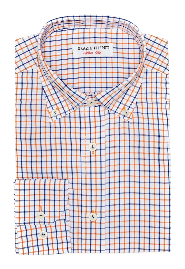 Camasa slim fit cu model in carouri, Alb/Portocaliu/Bleumarin