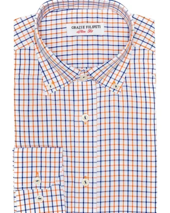 Camasa slim fit cu model in carouri, Alb/Portocaliu/Bleumarin