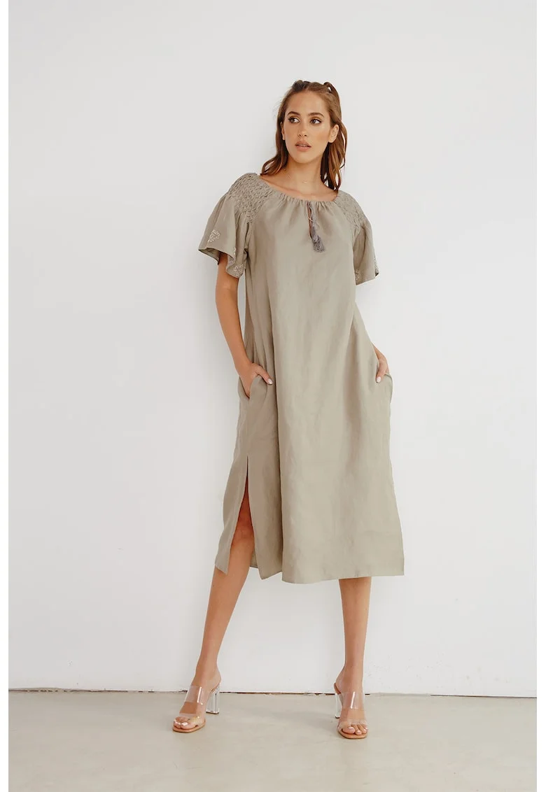 Rochie midi de in cu detalii brodate manual, Maro nisip