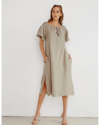Rochie midi de in cu detalii brodate manual, Maro nisip
