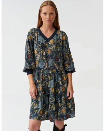 Rochie cu decolteu in V si model floral, Visiniu/Galben/Albastru