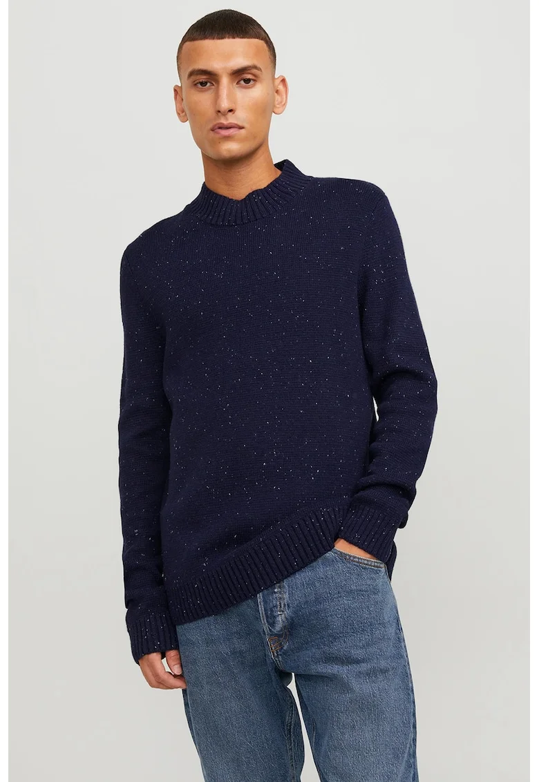 Pulover din tricot cu decolteu la baza gatului, Bleumarin