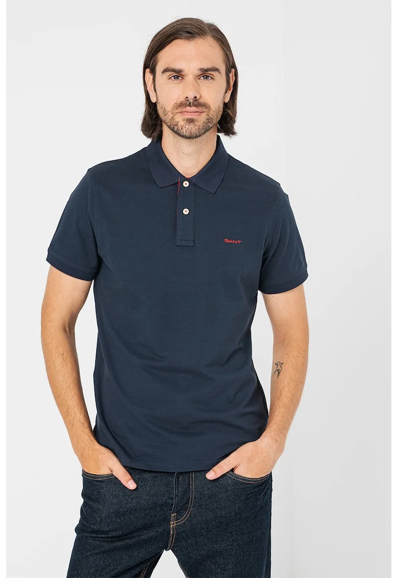 Tricou polo din amestec de bumbac, Rosu/Bleumarin