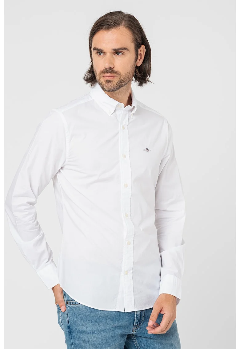 Camasa slim-fit cu guler fixat cu nasturi, Alb optic