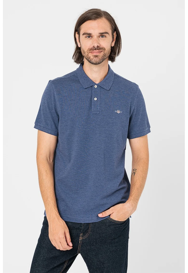 Tricou polo din bumbac cu aspect pique, Albastru melange