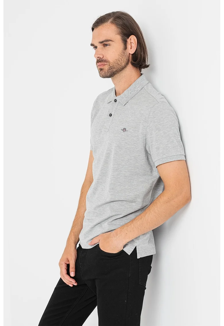 Tricou polo din bumbac cu aspect pique, Gri deschis melange