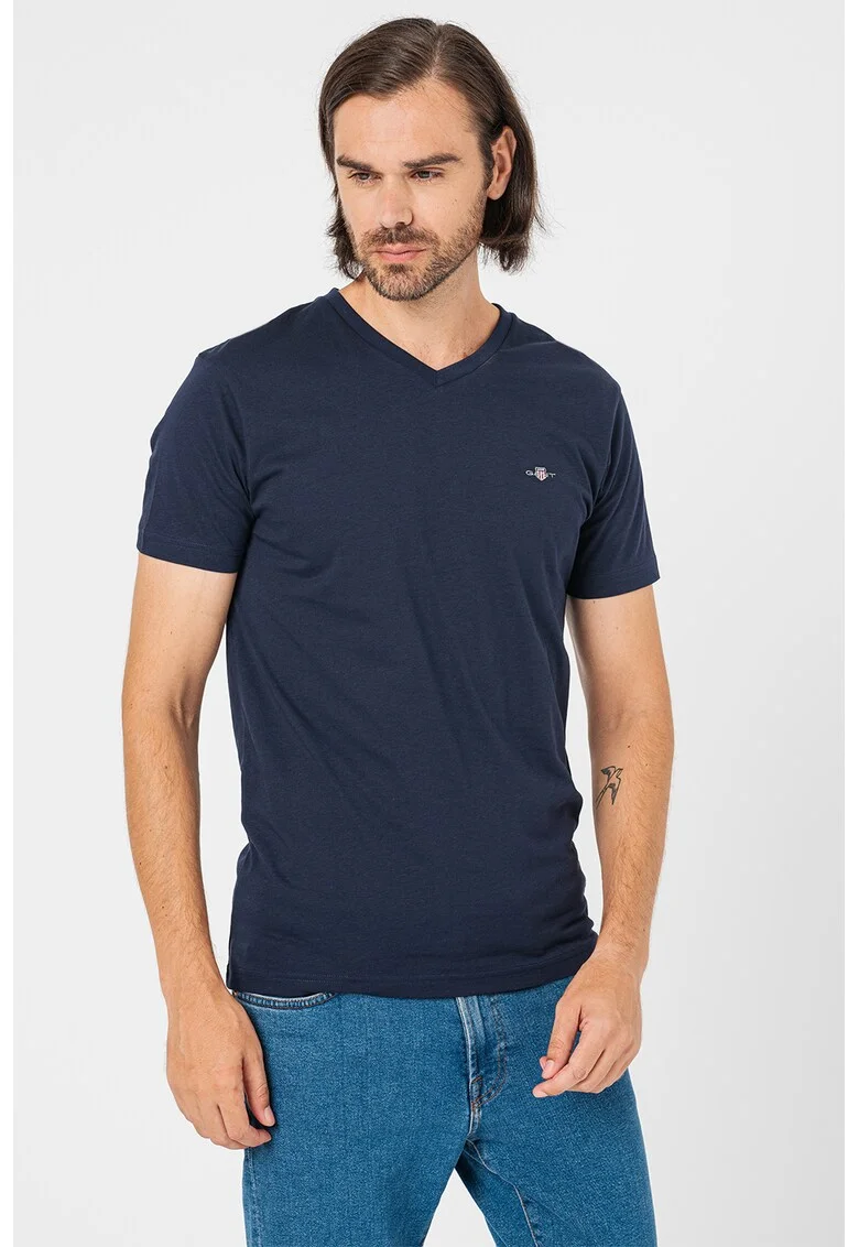 Tricou slim fit cu decolteu in V Shield, Bleumarin