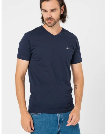 Tricou slim fit cu decolteu in V Shield, Bleumarin