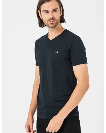 Tricou slim fit cu decolteu in V Shield, Negru