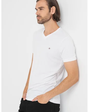 Tricou slim fit cu decolteu in V Shield, Alb optic