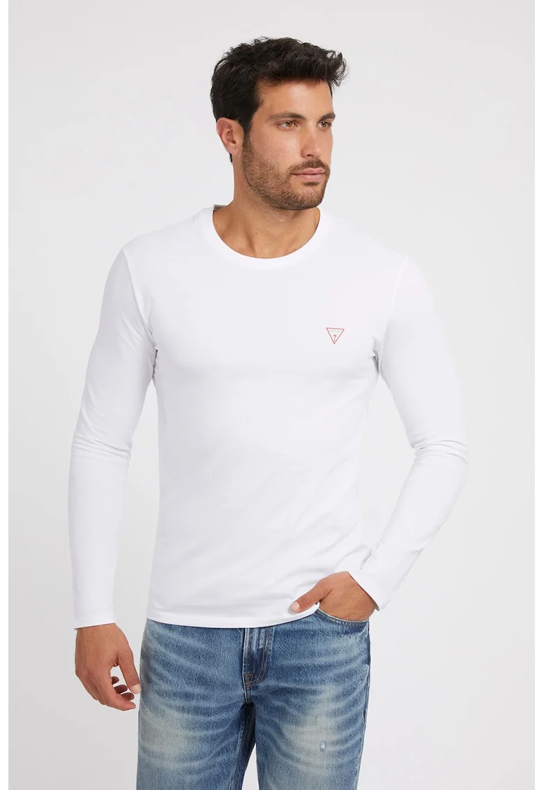 Bluza slim fit cu logo discret, Alb optic