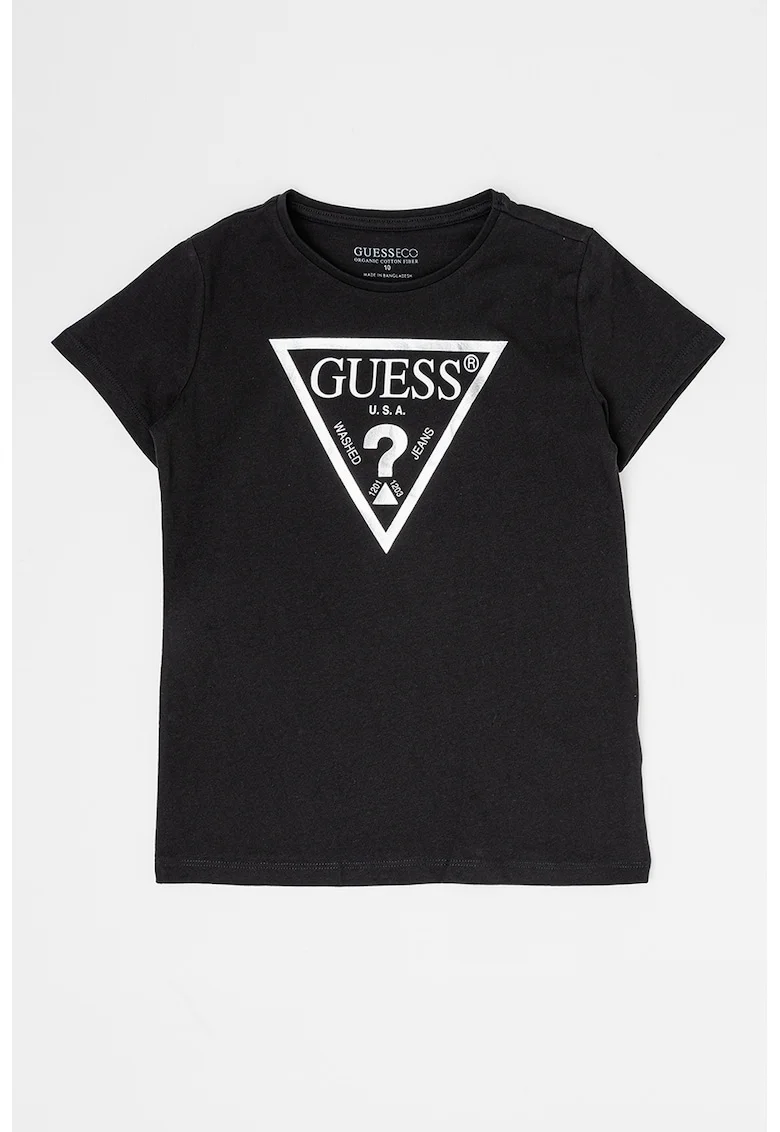 Tricou de bumbac cu imprimeu logo metalizat, Negru/Argintiu